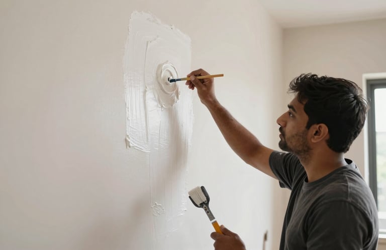 A professional applying smooth white putty work to a large interior wall in a South Asian / Indian home, preparing it for premium painting.