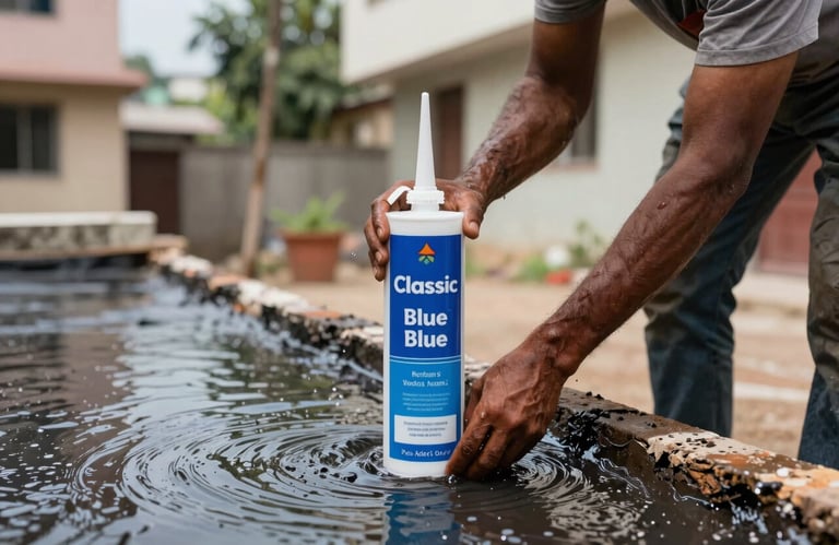 Action shot of a worker performing water tank waterproofing in a South Asian / Indian residential area, using specialized Classic Blue sealant materials.