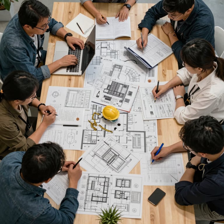 A lifestyle shot of a creative team in a bright European office, collaborating around a table covered in food sketches and a matte forest green digital tablet.