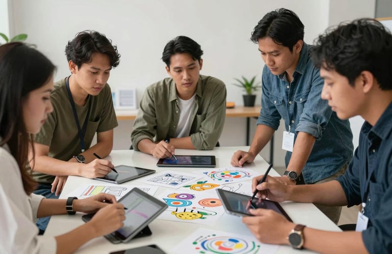 A diverse group of professionals in a Southeast Asian / Indonesian creative studio collaborating over a table with colorful design sketches and digital tablets.