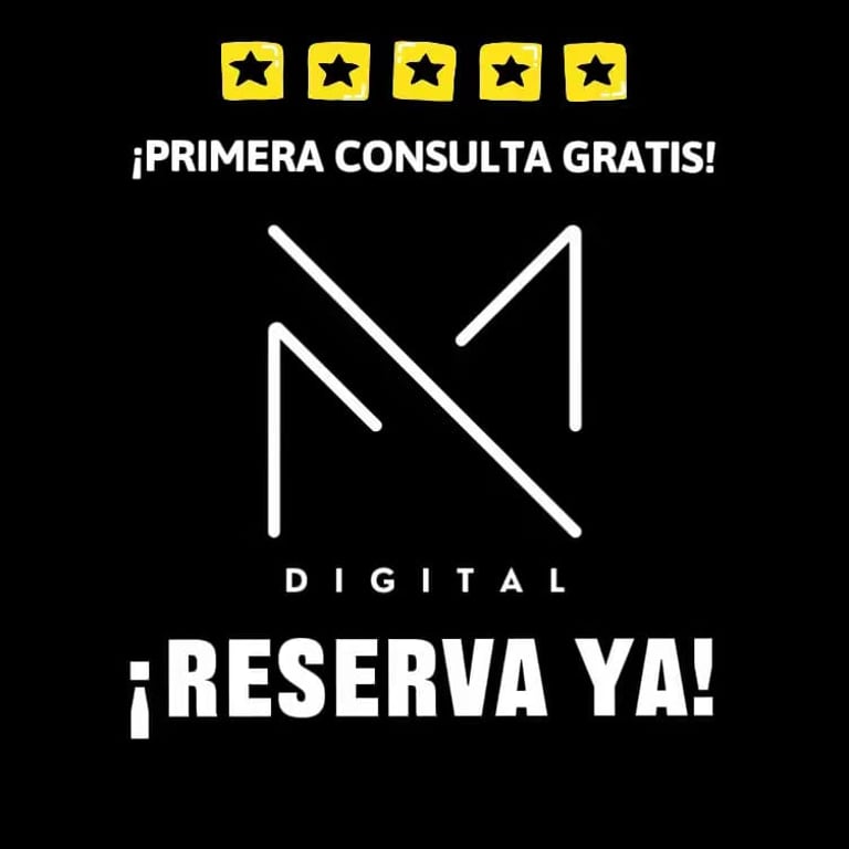 M Digital logo with five-star rating, free first consultation offer, and book now call to action.