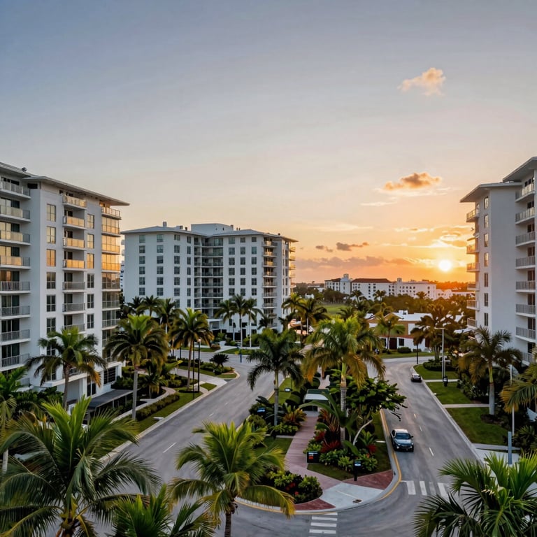 A sunset view of a premium Fort Lauderdale multi-family community with lush tropical landscaping.