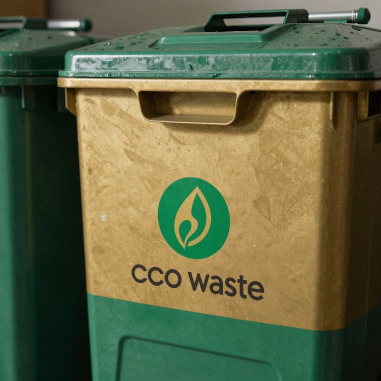 Close-up of a high-quality, eco-friendly waste disposal system branded with gold and green accents.