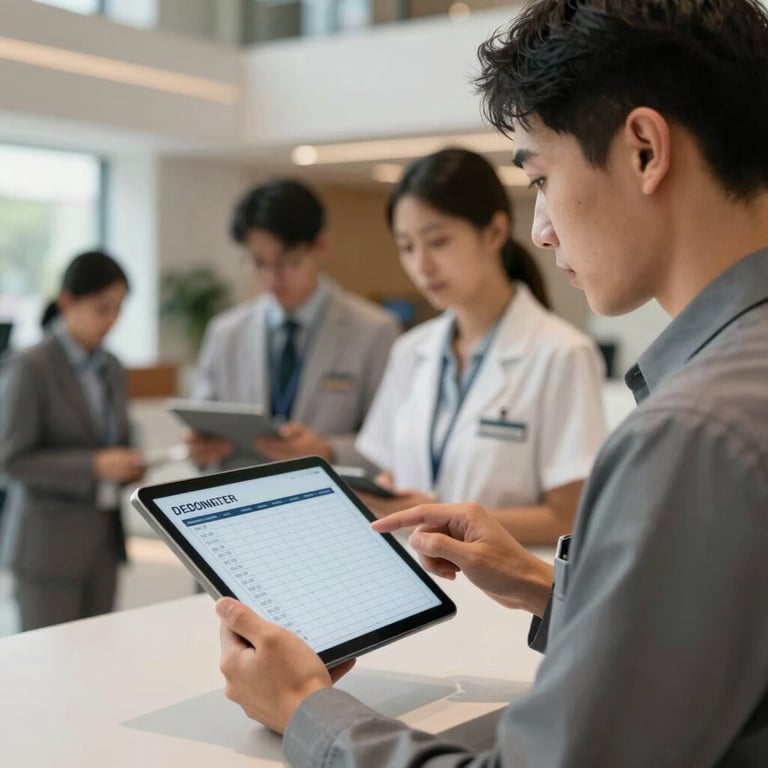 A professional service team member checking a schedule on a tablet in a modern lobby.