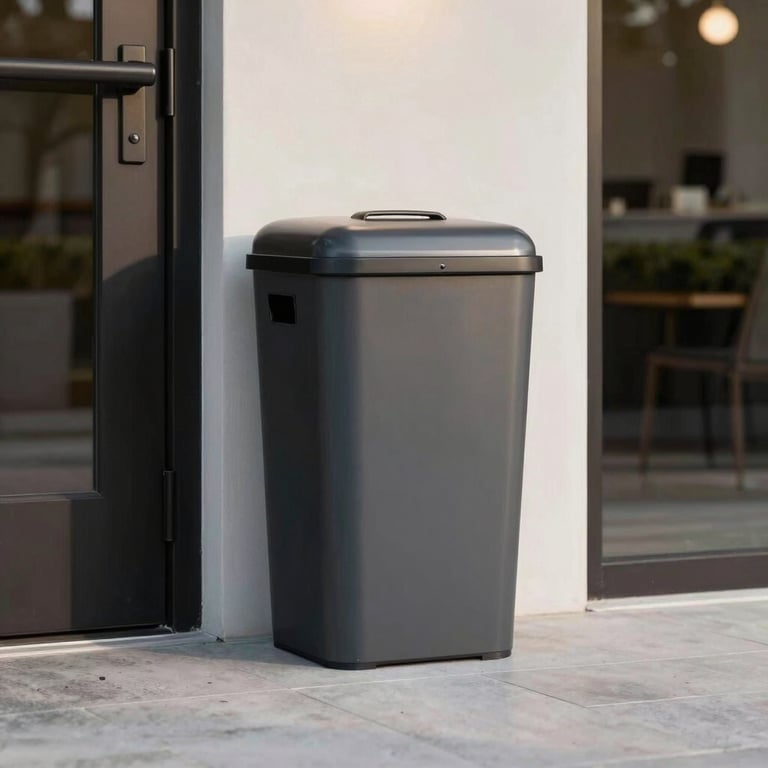 A premium designer waste container placed neatly outside a luxury apartment door in Fort Lauderdale.