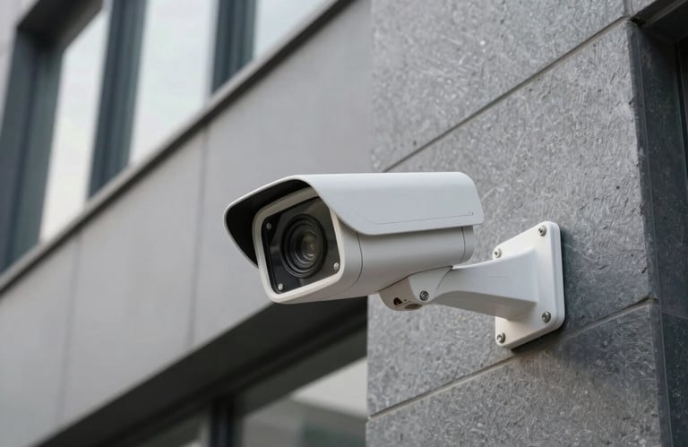 A close-up shot of an advanced high-definition CCTV camera installed on a slate-colored wall of a modern South Asian / Indian commercial building.