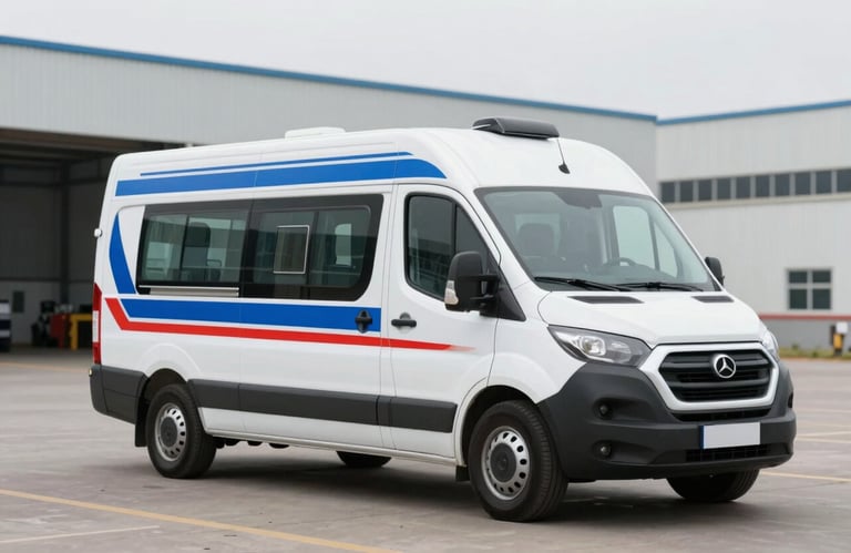 A modern white mobile laboratory van branded with sleek blue and red stripes, parked in an industrial zone. The shot is clean and professional, emphasizing the service's accessibility and mobility.