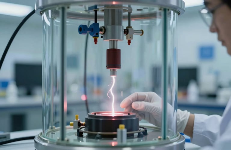 Close-up of a high-voltage test being conducted, showing a faint electrical discharge inside a controlled glass chamber. Professional and safe atmosphere, emphasizing laboratory precision.