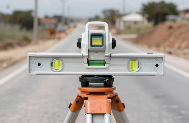 A close-up photograph of a professional surveyor's level tool on a tripod at a road construction site in a Latin American / Spanish setting, soft focus background with Pale Frost White light, professional and clean.