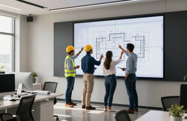 A group of professional civil engineers, men and women, in a modern Latin American office reviewing blueprints on a large digital screen. The office features minimalist furniture in off-white and dark navy accents, with soft natural light coming through large windows.