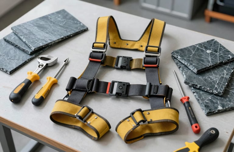 A tidy arrangement of professional roofing tools, a safety harness, and slate blue roof samples on a clean workbench, Western European / French professional style.