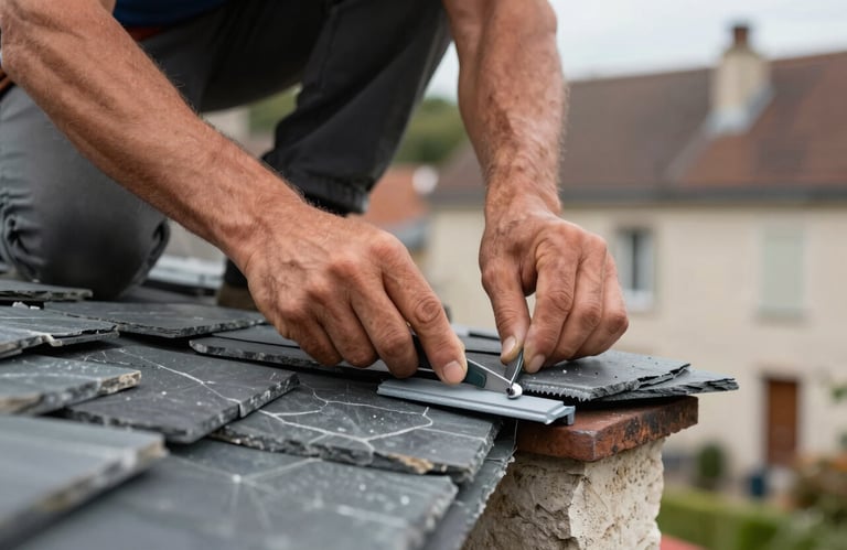 Close-up of a professional roofer's hands repairing a chimney flashing with precision, using slate grey materials in a Western European / French architectural context.