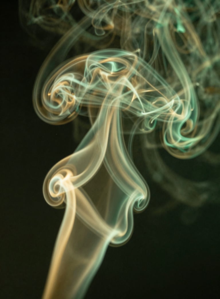Abstract macro photography of smoke or ether swirling in shades of petroleum green and gold light. Cinematic, deep, mysterious, representing mental flow.