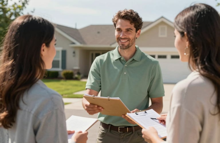 A professional landscape contractor in a Sage Green polo shirt handing a folder to a homeowner on a sunny day in a North American suburban driveway, signifying a successful project completion.