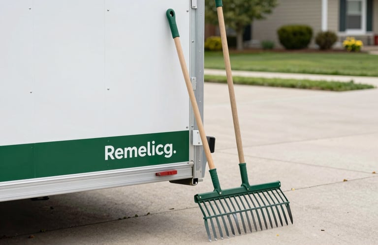 Close-up of clean, professional landscape hand tools and a rake leaning against a trailer in a well-kept North American driveway, organized and efficient, Mist white and Forest Green branding visible.