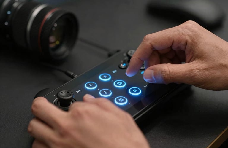 Close-up of professional hands working on a sleek touch interface controller in a darkened room. The buttons glow with a soft light blue, representing innovation and professional execution in digital media.