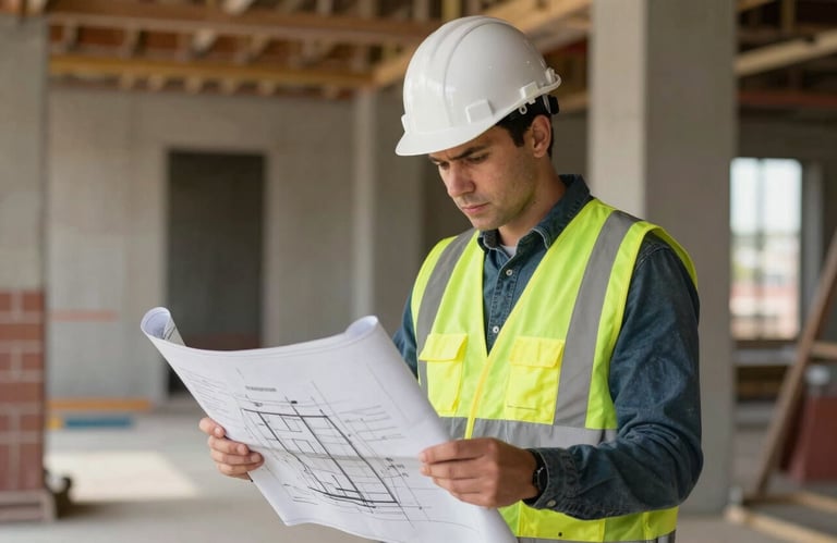 A focused professional in a safety vest and hard hat reviewing blueprints on a North American / US construction site, architectural detail.