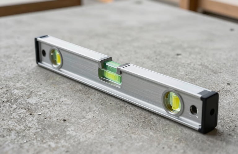 Close-up of a silver industrial level and professional tools sitting on a clean concrete slab, sharp focus, North American / US construction site.