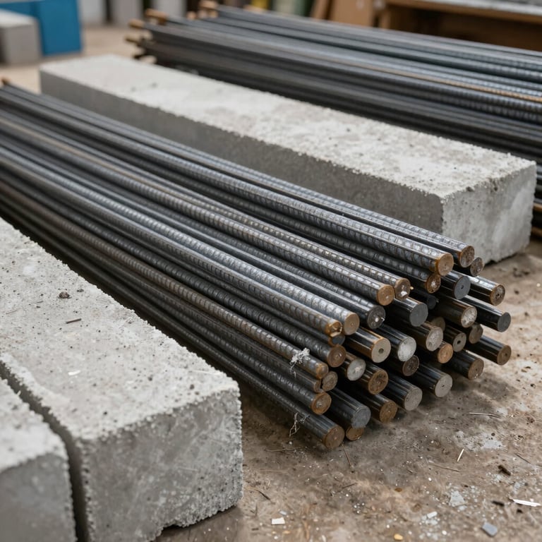 A professional photo of high-quality construction materials including steel rods and concrete blocks in a neat West African warehouse environment.