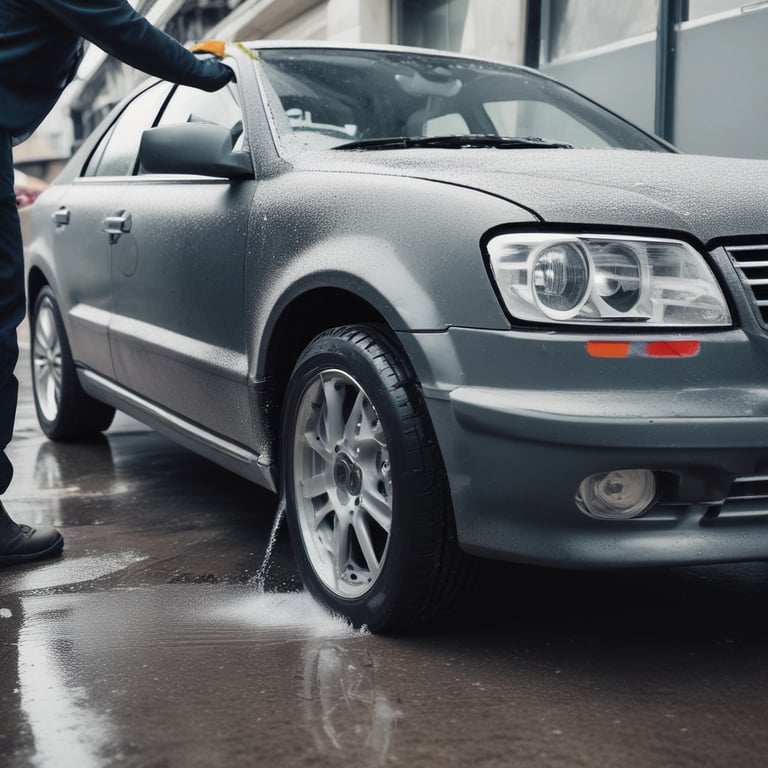A professional cleaning a car exterior with eco-friendly products at a customer's home.
