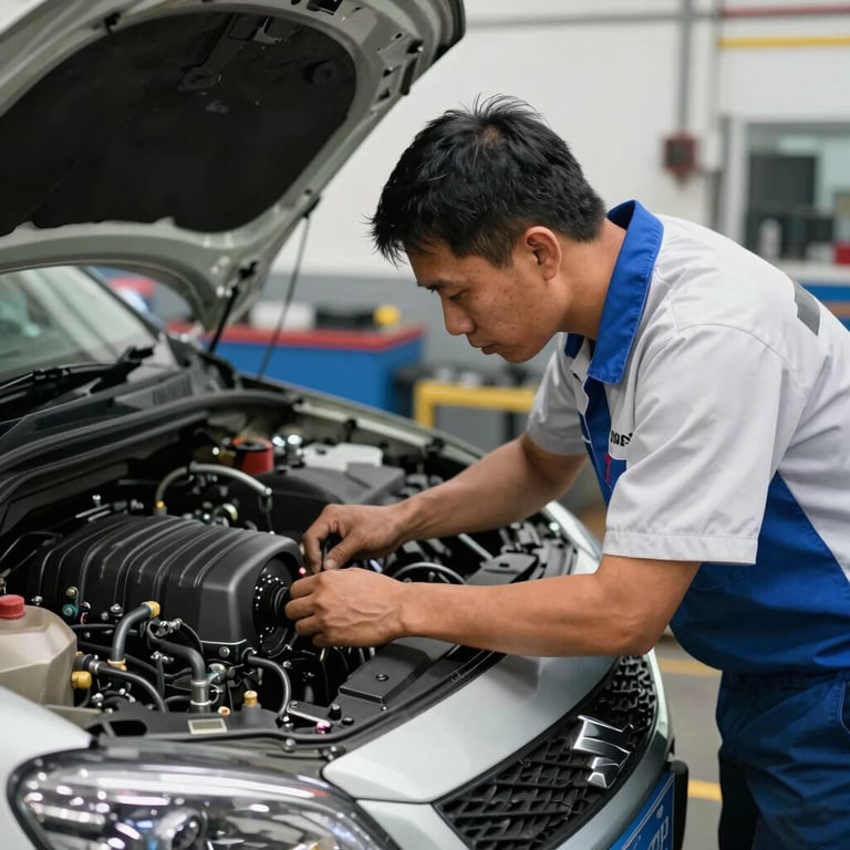 A professional mechanic in a white and blue Suzuki uniform inspecting a car engine in a clean, high-tech Indonesian service center.