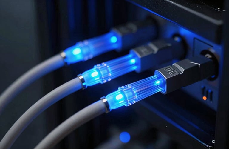 Macro photography of high-speed fiber optic cables glowing with a deep blue light in a data center, symbolizing fast and reliable communication.