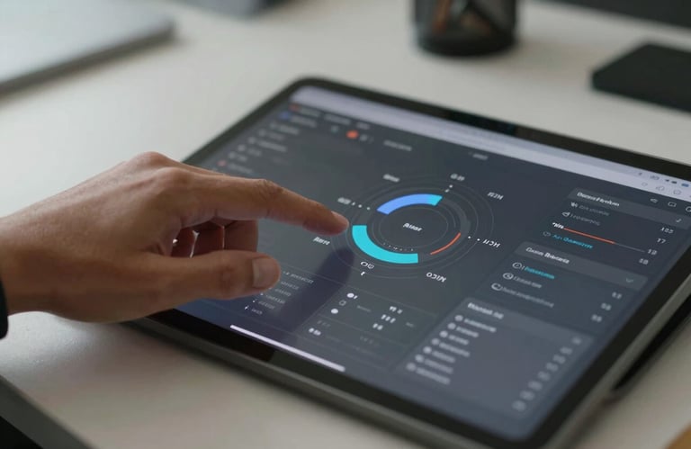 A close-up of a professional's hand interacting with a clean, analytical dashboard on a high-resolution tablet in a modern office setting.