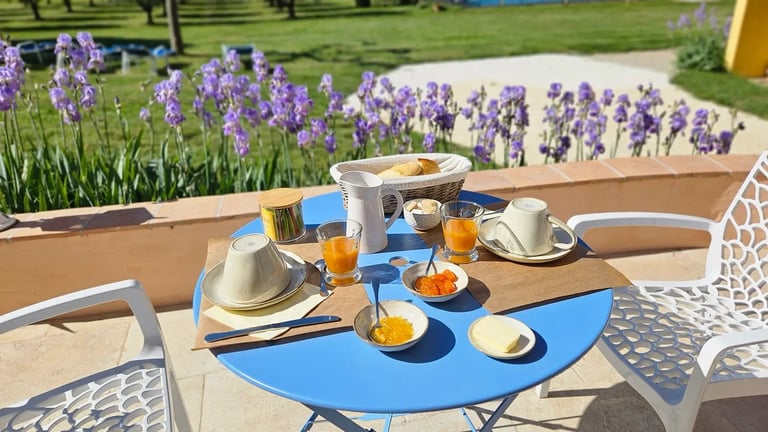 petite table ronde extérieur dressée du petit-déjeuner, tasses confiture, jus, thé, etc...