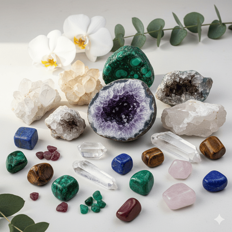 piedras preciosas con fondo blanco y flores 