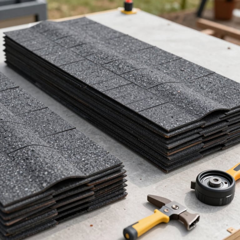 High-quality bundles of asphalt shingles and professional tools organized on a clean job site, bright outdoor lighting, North American / US.