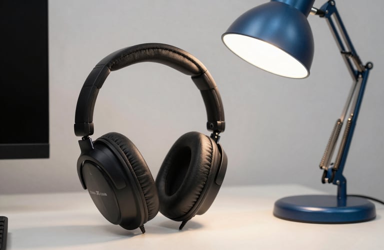 Macro photography of high-end gaming accessories like a minimalist headset and a slate blue metal desk lamp. Clean, structured composition in a North American / US apartment.