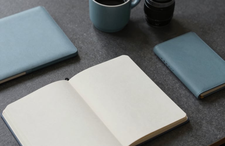 Top-down view of an aesthetic desk setup in a North American / US home. Muted slate blue accessories, a charcoal desk surface, and soft off-white paper notebook. Minimalist and clean.