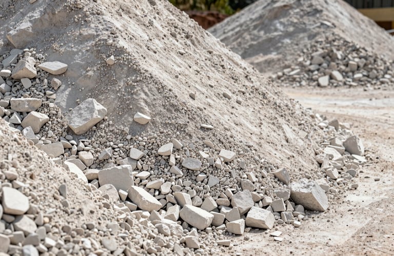 Detailed ground-level shot of raw agricultural limestone piled at a South American / Brazilian distribution center, natural textures, daylight, professional clarity.