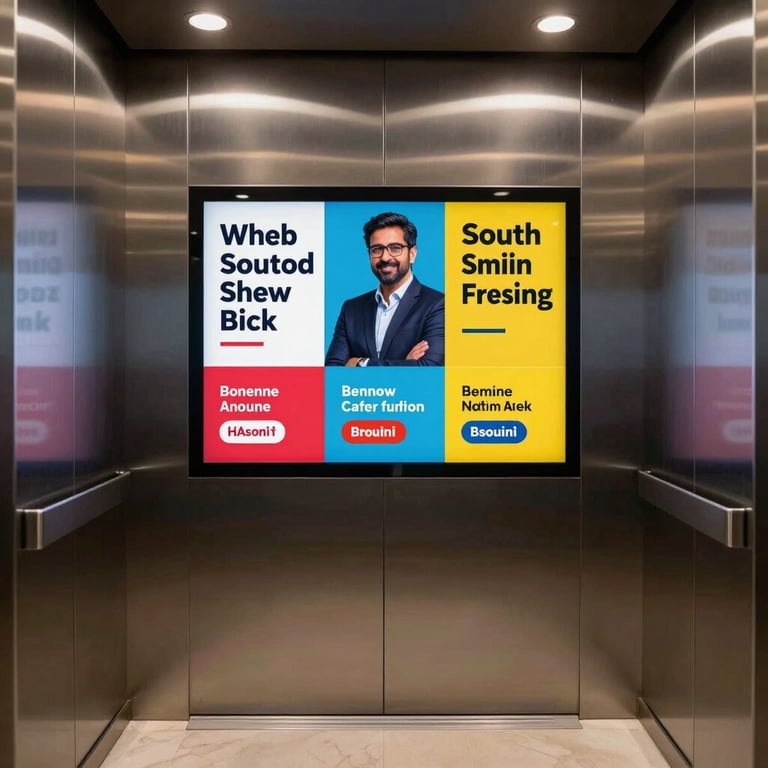 A high-resolution digital screen in a minimalist, luxury lift lobby of a South Asian corporate office, showing vibrant advertising content.
