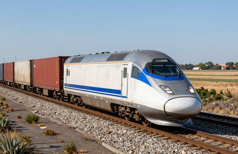 A high-speed freight train carrying containers through a North American / International landscape, sharp focus, vibrant colors, emphasizing efficiency and movement.