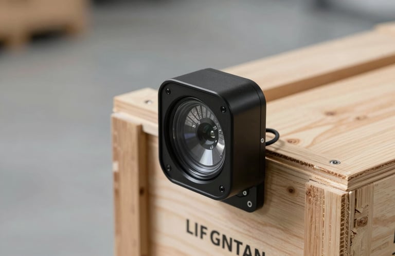 Close-up of a high-tech cargo tracking sensor attached to a wooden crate in a clean slate gray warehouse, Global / International.