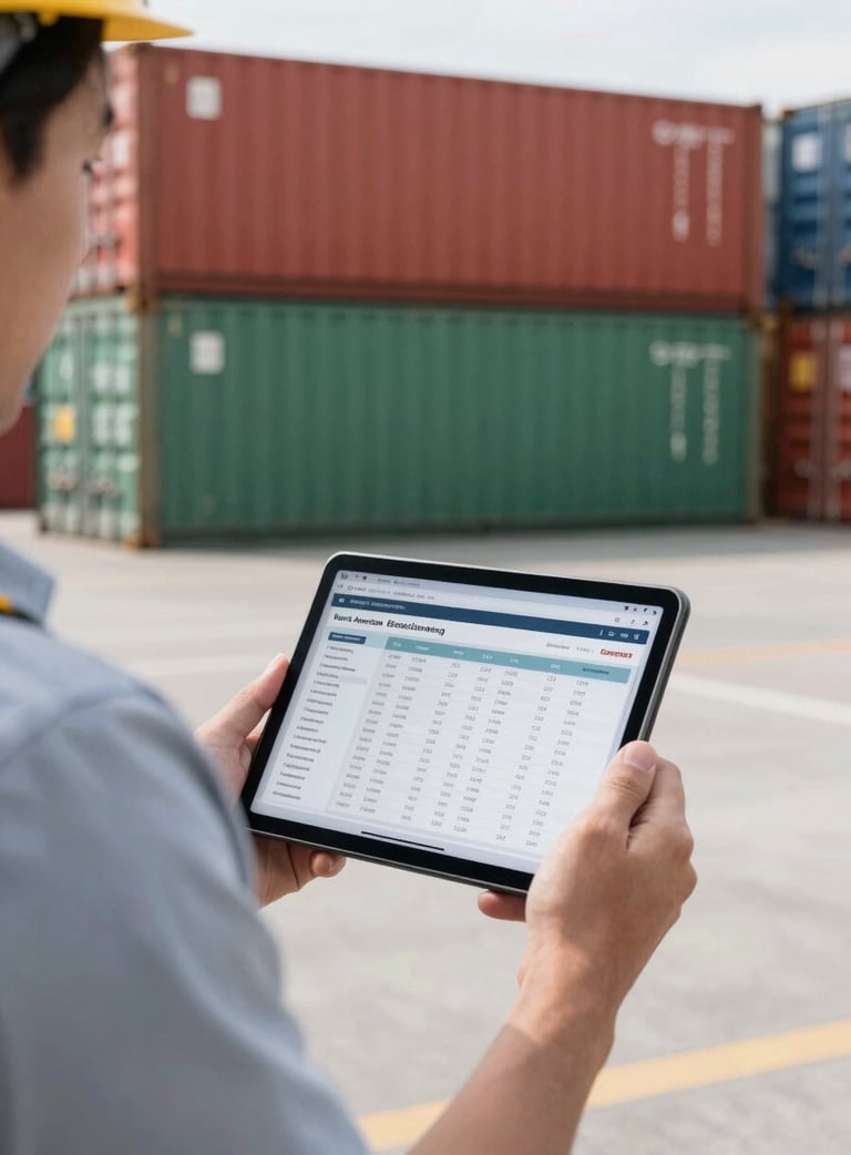 A close-up photograph of a professional logistics manager in a modern terminal holding a tablet showing shipping data, with a soft-focus background of red and dark green cargo containers, North American / International setting, bright daylight.