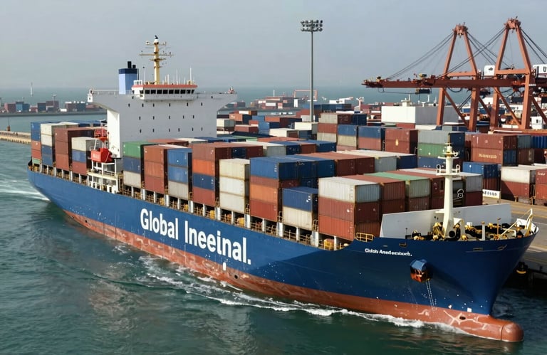 A massive blue container ship entering a busy commercial harbor, seen from a high angle, cinematic lighting, Global / International.