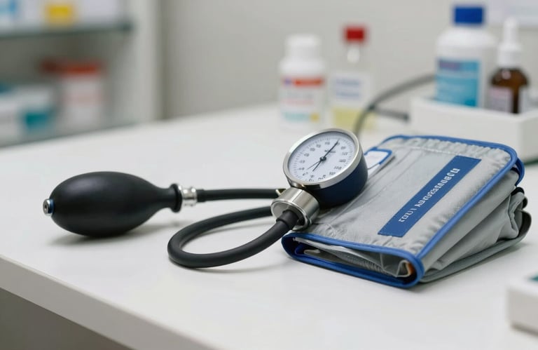 Close-up of professional medical tools like a blood pressure monitor on a clean white desk in a South American / Brazilian pharmacy office.