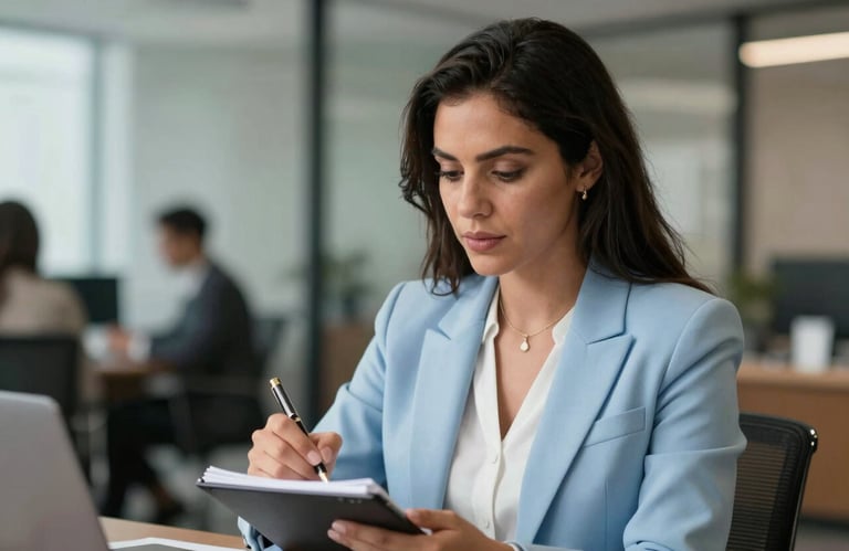 A sophisticated South American professional woman in a light blue blazer taking notes during a meeting. The background is a blurry high-end office environment.