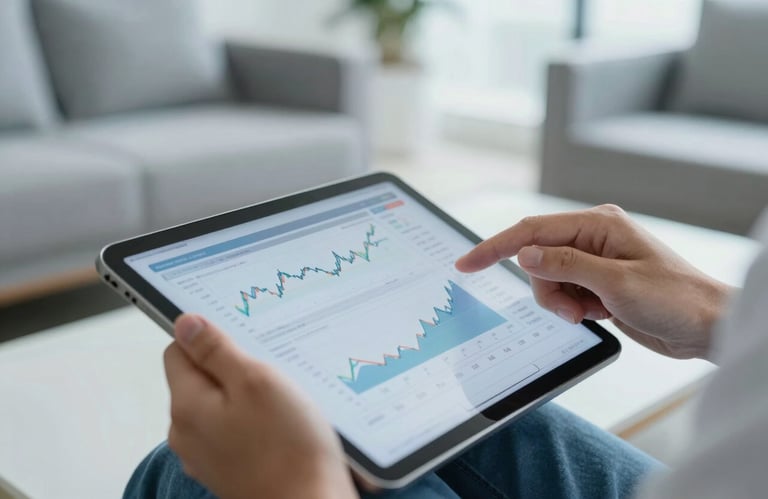 Close-up of professional hands reviewing financial charts and data on a tablet. The setting is a bright, modern Brazilian lounge. Soft blue and white color palette.
