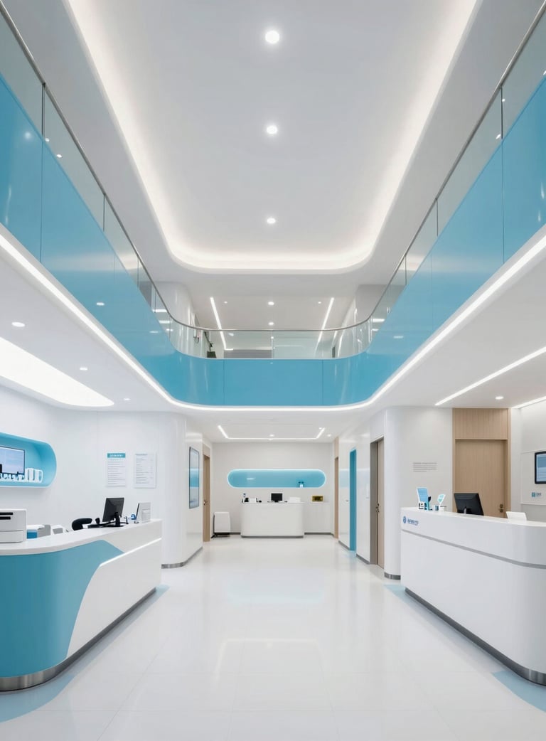 A wide-angle photograph of a modern Global / International medical clinic interior. High-end design with clean lines, featuring Sky Blue accents and Cloud White walls.
