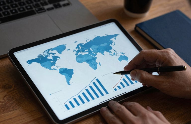 A detailed photograph of a professional Global / International workspace with a modern tablet displaying high-tech marketing growth charts. Palette includes Sky Blue and Dark Navy.