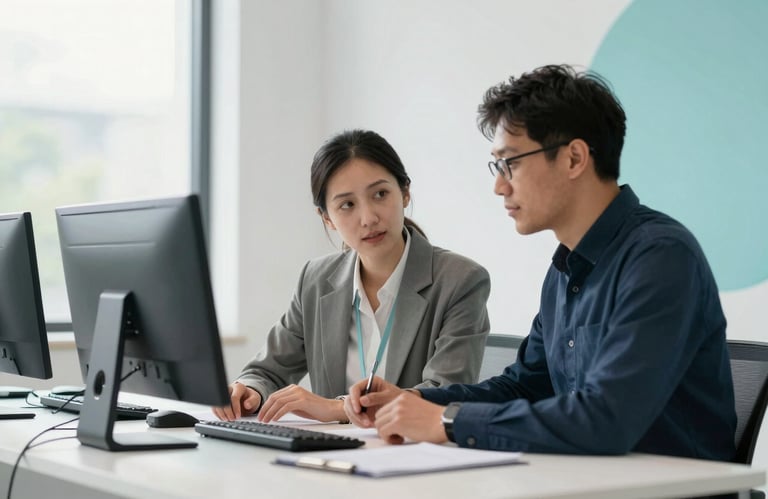 A photograph of two professionals in a bright Global / International tech hub collaborating over a clean, minimalist desk. The environment features Cloud White and Teal Slate tones.