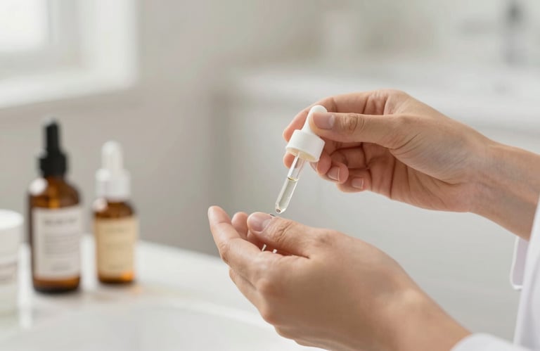 A professional aesthetician's hands preparing organic skincare products. The style is clean, clinical yet warm, with colors #9E8C78 and #F9F4ED.