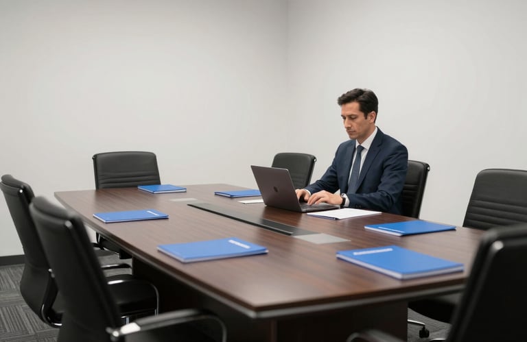 A crisp photograph of a professional meeting in a North American / US boardroom. Minimalist pure white walls, deep black furniture, and vibrant blue documents. Sophisticated atmosphere.