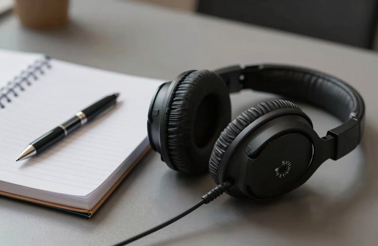 A set of professional studio headphones resting on a desk with a notebook and a pen in a Sul-Americano / Brasileiro professional setting, symbolizing linguistic services.