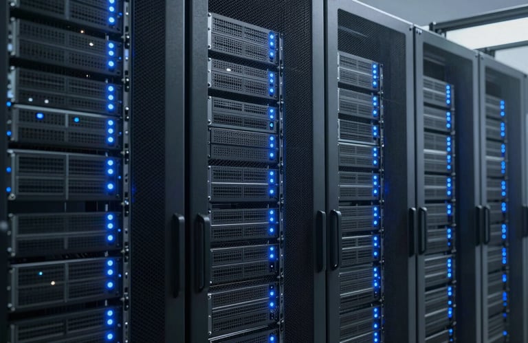 Clean, organized server room with soft blue indicator lights, representing data security and technological stability.