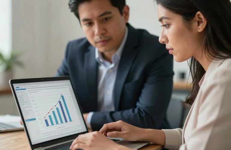 Close-up of two Latin American colleagues collaborating over a laptop showing growth charts, professional attire, soft indoor lighting.