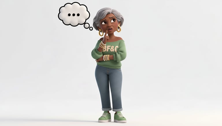3D cartoon of a thinking senior Black woman with a thought bubble on a white background.